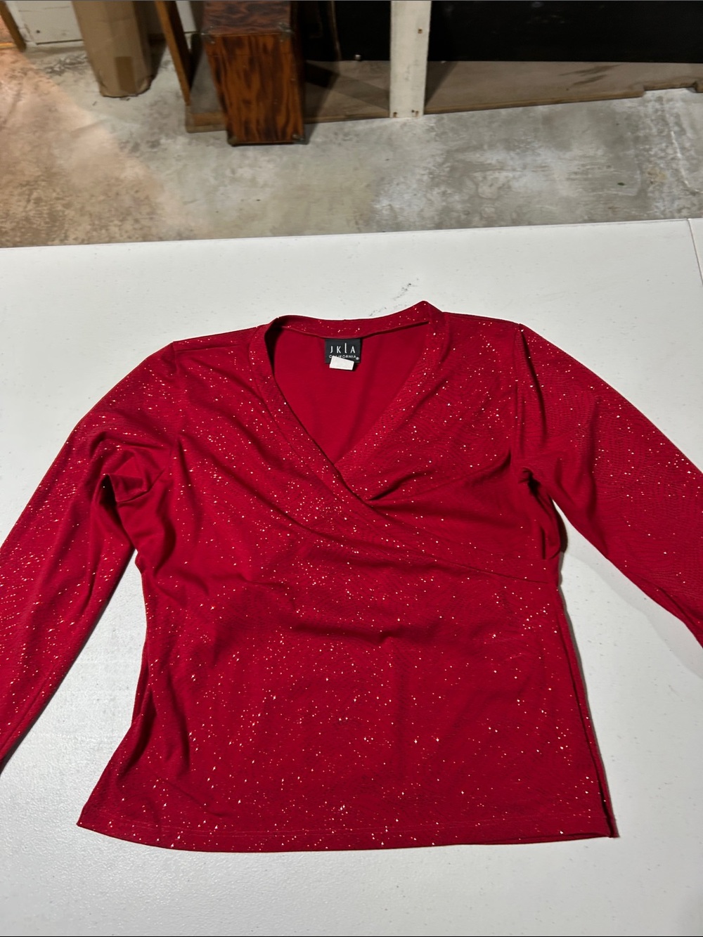 JKLA Red Sparkle Wrap-Style Long Sleeve Top